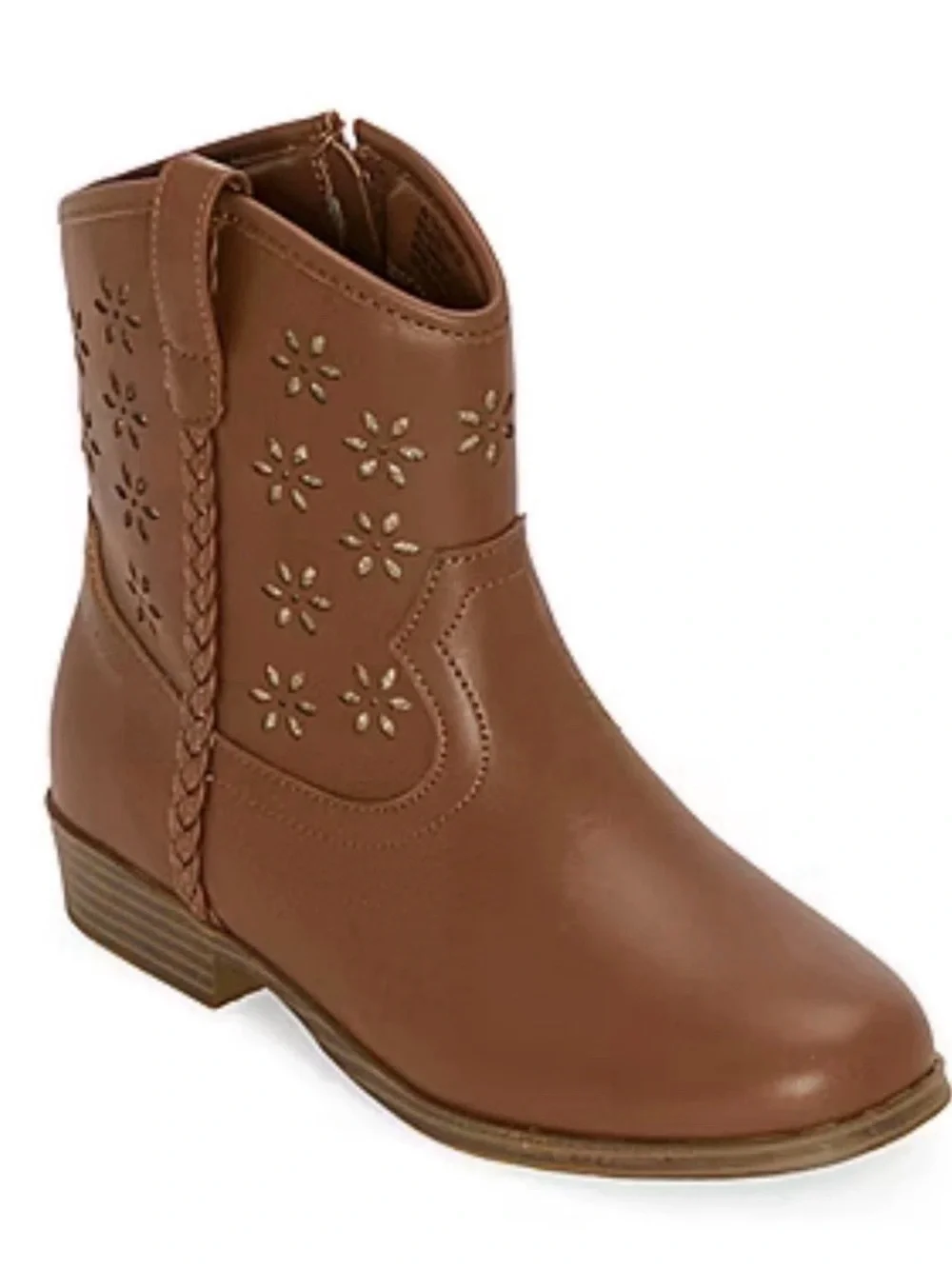 Brown Girls' Western Ankle Boots with Floral Cutouts